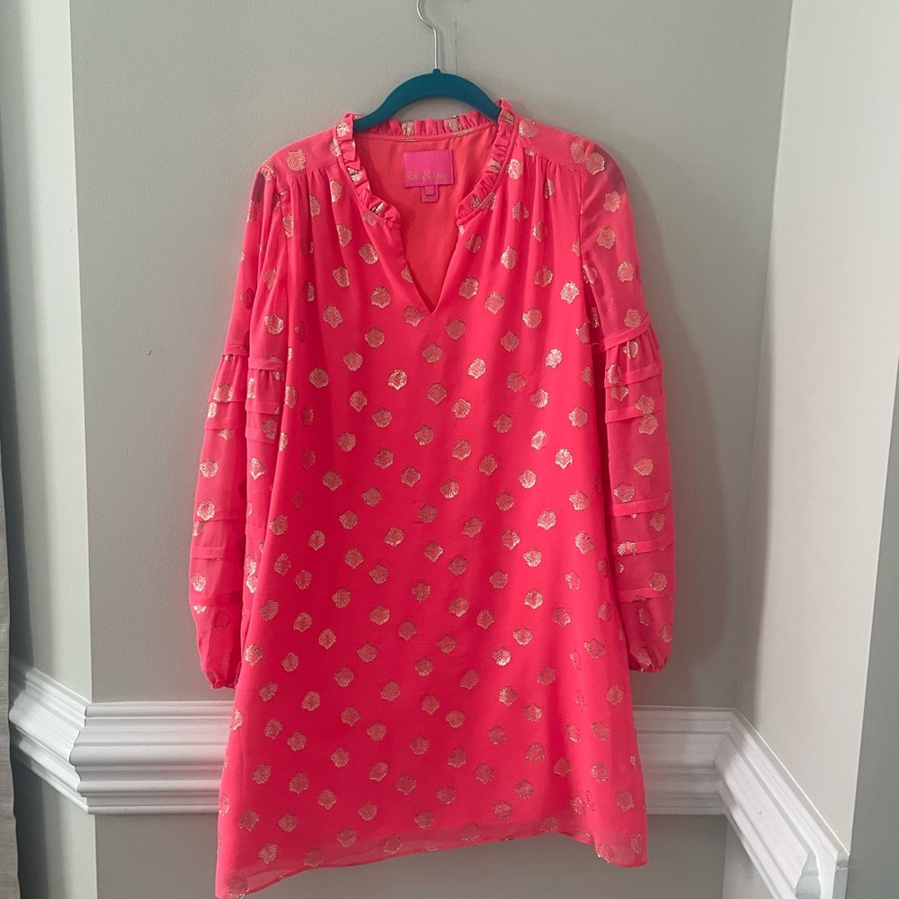 Lilly Pulitzer long sleeve silk dress with metallic shells